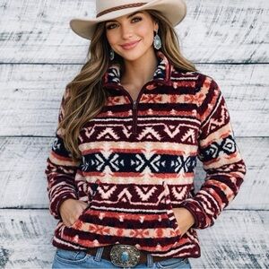 Wrangler® Ladies Retro Western Vintage 1/4 Zip Sherpa Pullover - Like New Sz Lg